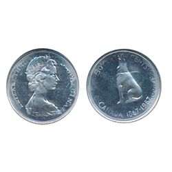 50 Cents. 1967. A double-struck, rotated in collar error. NGC graded Mint State-65. Brilliant and lu