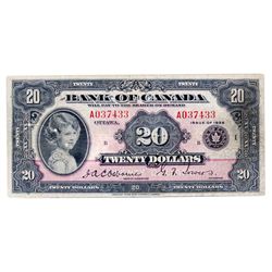 $20.00. 1935 Issue. BC-9a. English Text. Large Seal. No. A037433/B, PMG graded Fine-15.