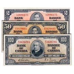 $2.00. 1937 Issue. BC-22c. No. L/R3886175. EF; $50.00. 1937 Issue. BC-26b. No. B/H1020605. F+; $100.