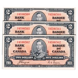 $2.00. 1937 Issue. BC-22c. Coyne-Towers. No. K/R4546560, 561, 562. Three (3) Choice Uncirculated not