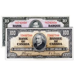 $10.00. 1937 Issue. BC-24c. PCGS AU-58; $100.00. 1937 Issue. BC-27c. PCGS AU-58. Lot of two (2) note