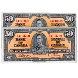 $50.00. 1937 Issue. BC-26b. No. B/H4103750. VF; $50.00. 1937 Issue. BC-26c. No. B/H4746903. Fine+. L