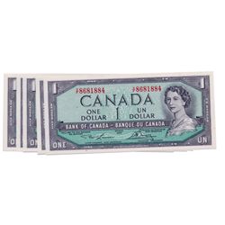 $1.00. 1954 Issue. BC-37d. Lawson-Bouey. No. V/F0861884, 1885, 1886, 1887 & 1888. Lot of five (5) Ch