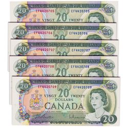 $20.00. 1969 Issue. BC-50a. Beattie- Rasminsky. No.’s EF4420705, 706. 707. 708, 709. All five (5) no