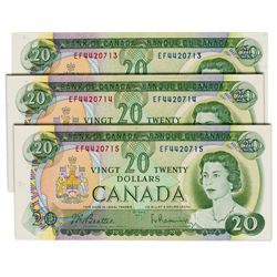 $20.00. 1969 Issue. BC-50a. Beattie-Rasminsky. No.’s EF4420713, 714, 715. All three (3) notes are BC