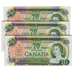 $20.00. 1969 Issue. BC-50a. Beattie-Rasminsky. No. EM1573588, 589, 590. All three (3) notes are BCS