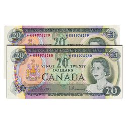 $20.00. 1969 Issue. BC-50aA. No. *EB1976279-6280. Beattie-Rasminsky. Lot of two (2) consecutive repl