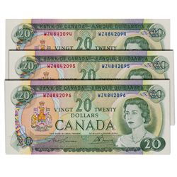 $20.00. 1969 Issue. BC-50b. Lawson-Bouey. No.’s WZ4842094, 2095, 2096. All three (3) notes are BCS g