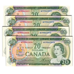 $20.00. 1969 Issue. BC-50b. Lawson-Bouey. No. WS9862801, 802, 803, 804. Lot of four (4) consecutive