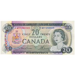 $20.00. 1969 Issue. BC-50bA. Lawson-Bouey. No. *WV1240545. CCCS graded Extra Fine-45. Pin holes.