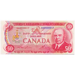 $50.00. 1975 Issue. BC-51a. No. HA0000017. Lawson-Bouey. A Low Serial numbered note. Choice Unc. Ex.