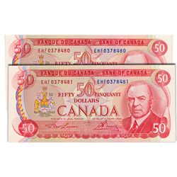 $50.00. 1975 Issue. BC-51a-i. No. EHF0378480 & EHF0378481. Lawson-Bouey. Both CCCS graded Unc-64. Bo