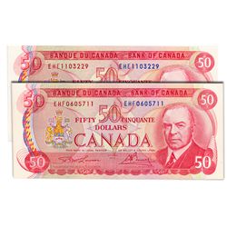 $50.00. 1975 Issue. BC-51a-i. No. EHE1103229 & EHF0605711. Lawson-Bouey. Both CCCS graded Choice Unc