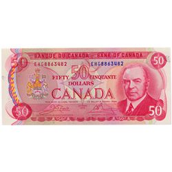$50.00. 1975 Issue. BC-51b. No. EHG8863482. Crow-Bouey. PMG graded Superb Unc-67. EPQ.