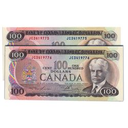 $100.00 1975 Issue. BC-52a. No. JC3419775 & JC3419776. Lawson-Bouey. Both CCCS graded Choice Unc-63.