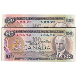 $100.00. 1975 Issue. BC-52a-i. No. AJB5267249. Lawson-Bouey. CCCS Choice Unc-62; No. AJB5267252. CCC