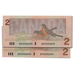 $2.00. 1986 Issue. BC-55cA. No.’s BRX3453693 & BRX3453694. Bonin-Thiessen. Both BCS graded Original