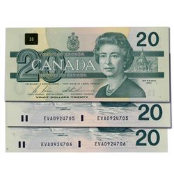 $20.00. 1991 Issue. BC-58b. No. EVA0924704, 4705 & 4706. Bonin-Thiessen..All three (3) are CCCS grad