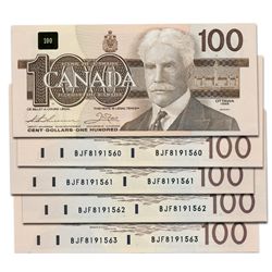 $100.00. 1988 Issue. BC-60a-i. No. BJF8191559, 1560, 1561, 1562, 1563. Thiessen-Crow. Clear B.P.N. F