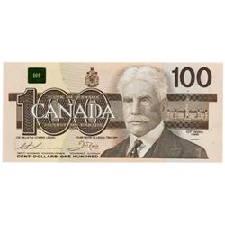 $100.00. 1988 Issue. BC-60aA-i. No. AJX3445720. Clear B.P. #61. Thiessen-Crow. Choice Unc.