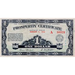PROVINCE OF ALBERTA. Prosperity Certificate. $1.00. August 5, 1936. No. A80979. CH-A1. 6 stamps on b