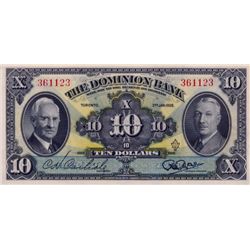 THE DOMINION BANK. $10.00. Jan. 2, 1938. CH-220-28-04. No. 361123. Crisp Unc.