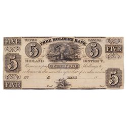 THE FREEHOLDERS BANK OF THE MIDLAND DISTRICT. $5.00. No date, (c-1837). CH-310-10-04R. A Remainder.