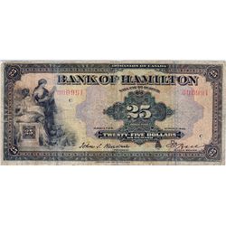 THE BANK OF HAMILTON. $25.00. March 1, 1922. CH-345-22-06. No. 00091/C. Signed Hendrie-Bell. PMG gra