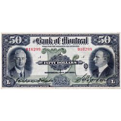 THE BANK OF MONTREAL. $50.00. Jan. 2, 1931. CH-505-58-08. No. 016229/A. Dodds/Gordon. PMG graded Ver