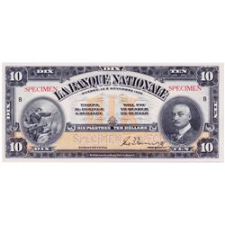 LA BANQUE NATIONALE. $10.00. Nov. 2, 1922. CH-510-22- 04S. Specimen. BCS graded Original Choice Unc-