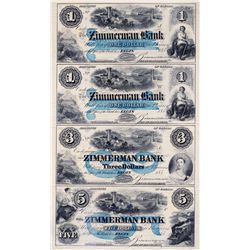 THE ZIMMERMAN BANK. $1.00, $1.00, $3.00, $5.00. 185- (1854-59). CH-815-12-08-02R, 02R, 04R, 06R. An