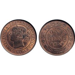 1859. Wide 9/8. NGC graded Mint State-64. Red-Brown. A lustrous, iridescent piece, with 60% remainin