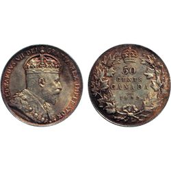 1902. ICCS Mint State-64. Medium heavy rainbow toning. A choice and rare mint state Edwardian fifty