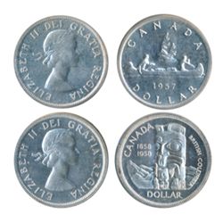 1957. ICCS Proof-Like-66; 1958. ICCS Proof-Like-66. Heavy Cameo. Lot of two (2) gem dollars.