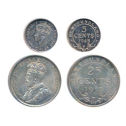 FIVE Cents. 1945-C. ANACS Mint State-64. Light blue toning; TWENTY-FIVE Cents. 1917-C. PCGS graded M