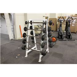 WHITE METAL BARBELL STAND WITH ASSORTED BARBELLS