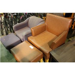 LEATHER ARMCHAIR & OTTOMAN W/PURPLE ARMCHAIR &