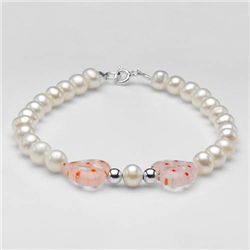 Pearls & Glass Hearts with red dots Bracelet