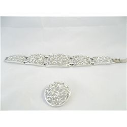 Silver Tone Floral link Bracelet with Pin Vintage