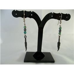 Native American looking Green & pewter feather dangle earrings