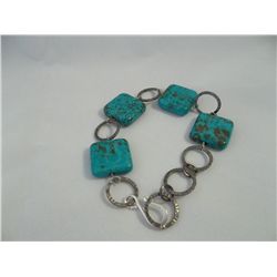 Silver Tone Hoops & Square Turquoise Bracelet
