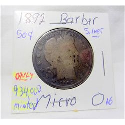 1892 Barber Silver Half Dollar "Micro-O"