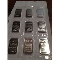10 ONE OZ .999 PURE SILVER JOHNSON MATTHEY BARS