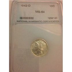 1942-D MS-64 MERCURY SILVER DIME