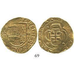 Seville, Spain, cob 4 escudos, Philip II, assayer Gothic D below mintmark S to left.