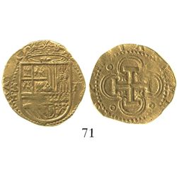 Seville, Spain, cob 2 escudos, Philip II, assayer Gothic D with open right side below mintmark S to 