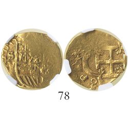 Seville, Spain, cob 2 escudos, Philip II or III, assayer V, encapsulated NGC XF 40.