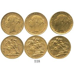 Lot of 3 Melbourne, Australia, sovereigns, Victoria (young head), various dates: 1884, 1885 and 1886