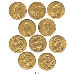 Lot of 5 Melbourne, Australia, sovereigns, Victoria (jubilee head), various dates: 1888 (2), 1889 an