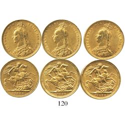 Lot of 3 Sydney, Australia, sovereigns, Victoria (jubilee head), various dates: 1888 and 1889 (2).